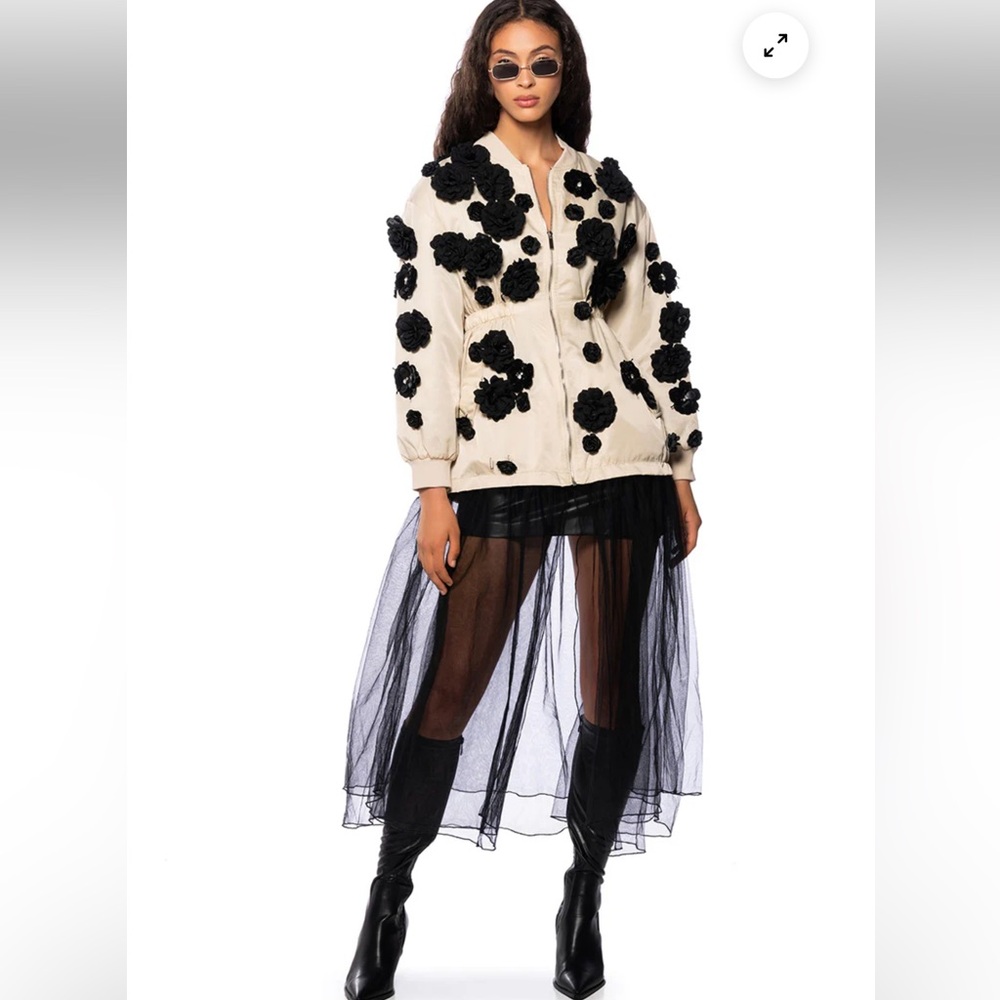 AKIRA Cream and Black Floral Bomber Jacket